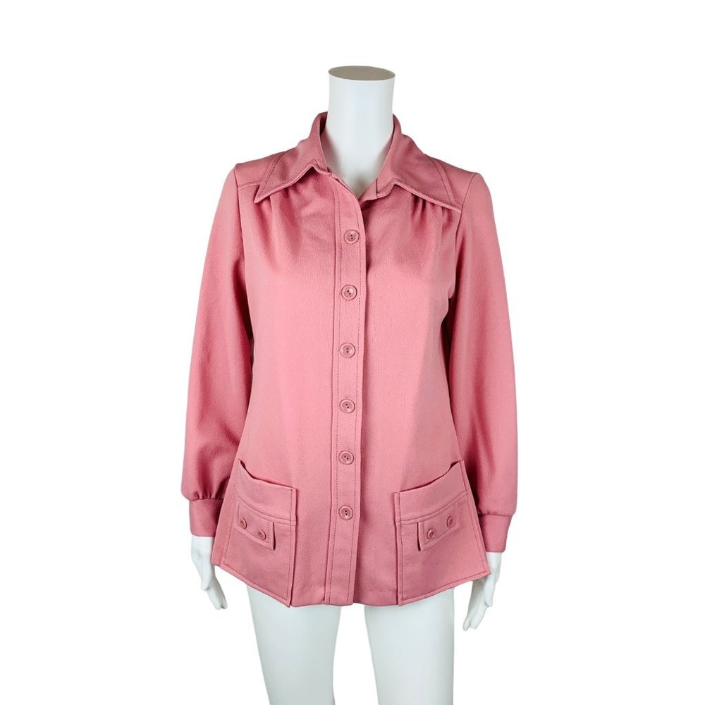 Vintage 1970s Dusty Pink Top Button Down Polyester Womens Shirt | B 40"